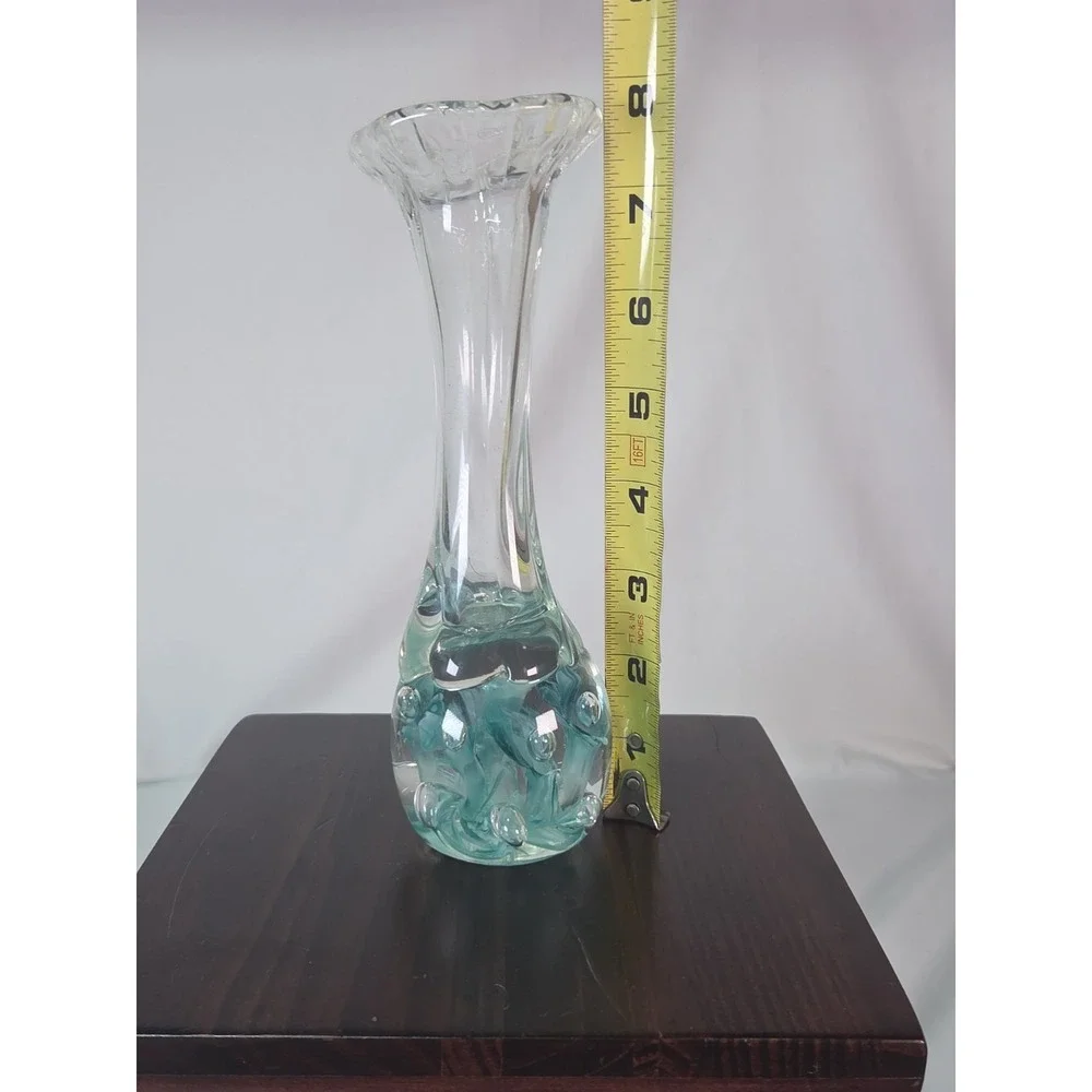 Joe Rice 8 Inch Teal Hand Blown Floral Vase